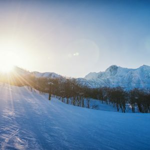 Sunset over a Hakuba ski resort slope